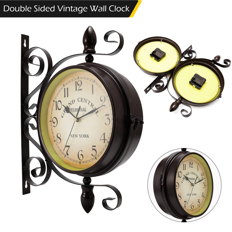 Dyna-Living Double-Sided Vintage Wall Clock - 8-inch Wrought Iron Hanging Clock with 360-degree Rotation for Home Use - Image 2